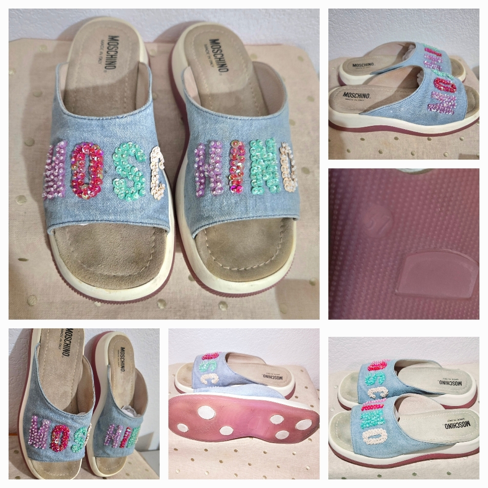 MOSCHINO DENIM SEQUIN SLIDES SLIP ON SANDAL  MADE IN ITALY 6.5/37